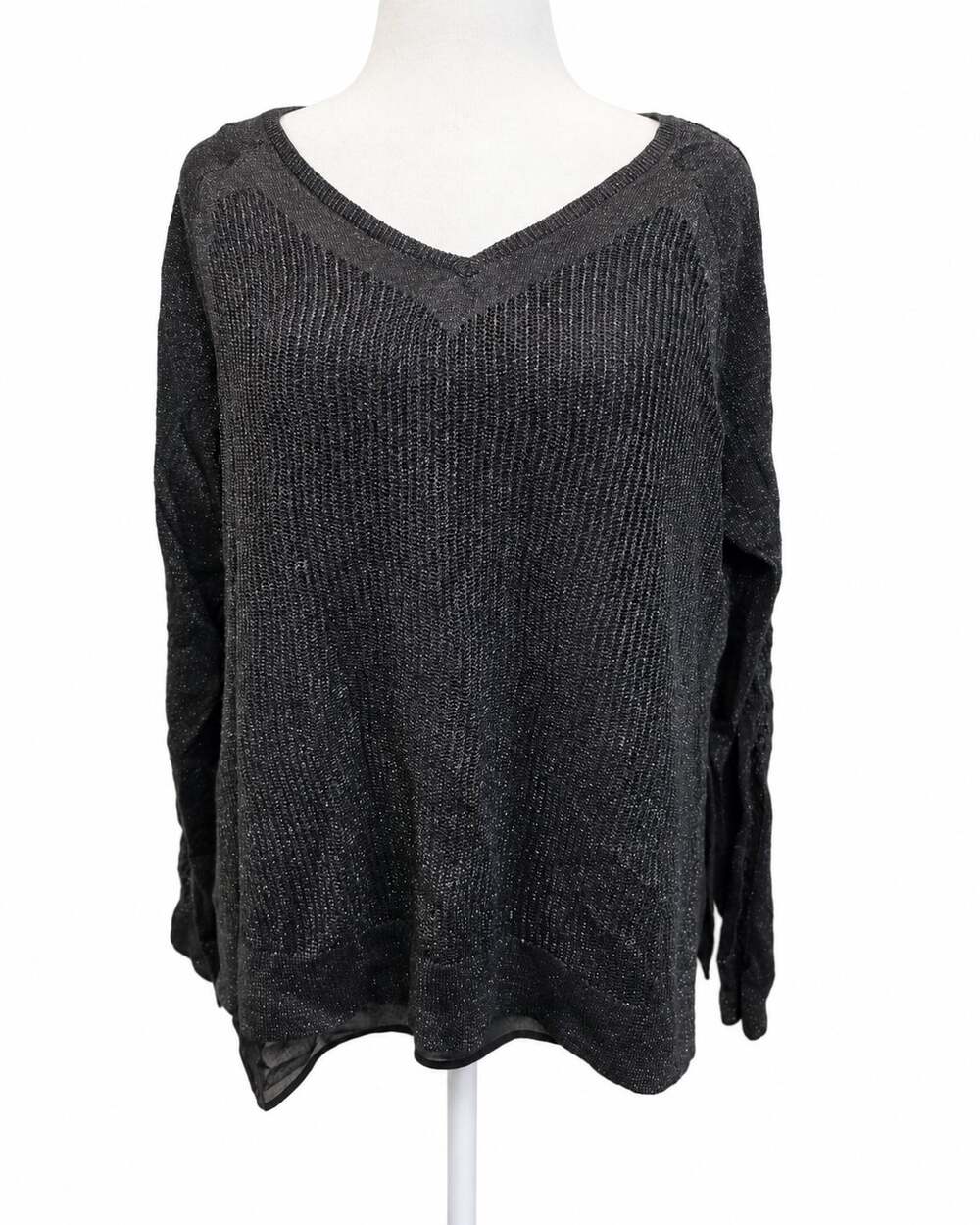 Lucky Brand Sweater XL Black Linen Blend Metallic Crochet Chiffon Hem Boho